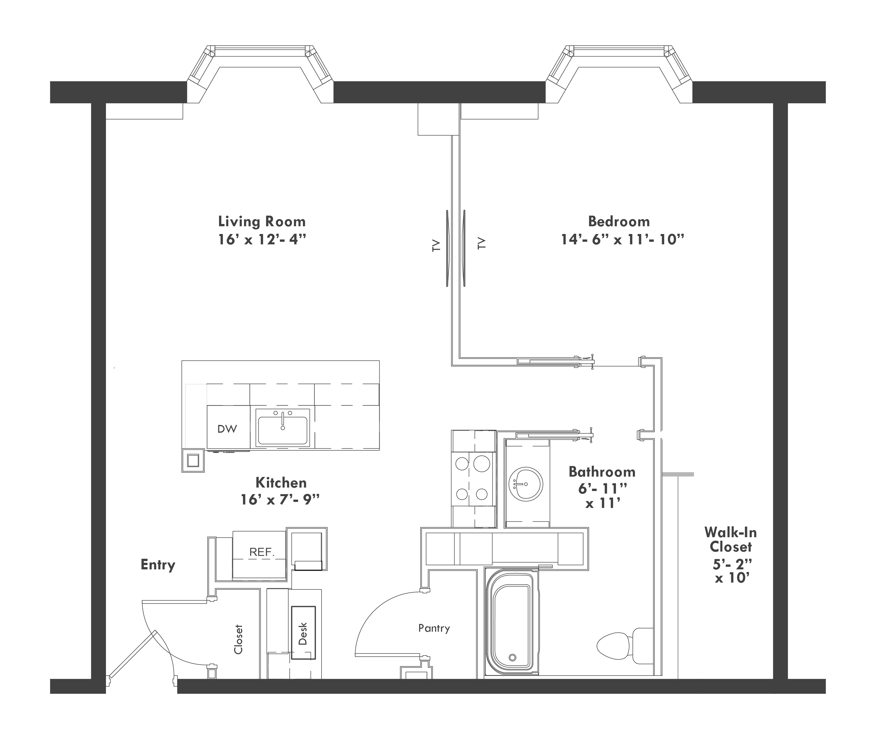Floor plan for 1 bed, 1 bath, 840 sqft